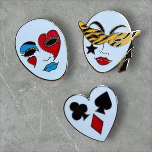 Vintage 80s Face Mask & Playing Card Enamel Pin Set of 3 Gift Creations Taiwan